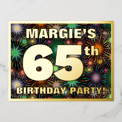 65th Birthday Party Bold Colorful Fireworks Look Foil Invitation Postcard