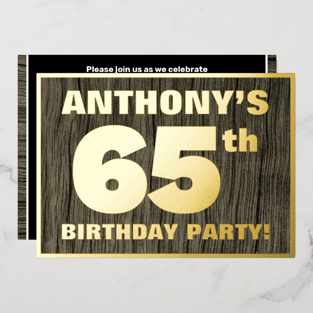 65th Birthday Party: Bold, Faux Wood Grain Pattern Foil Invitation (Front/Back)