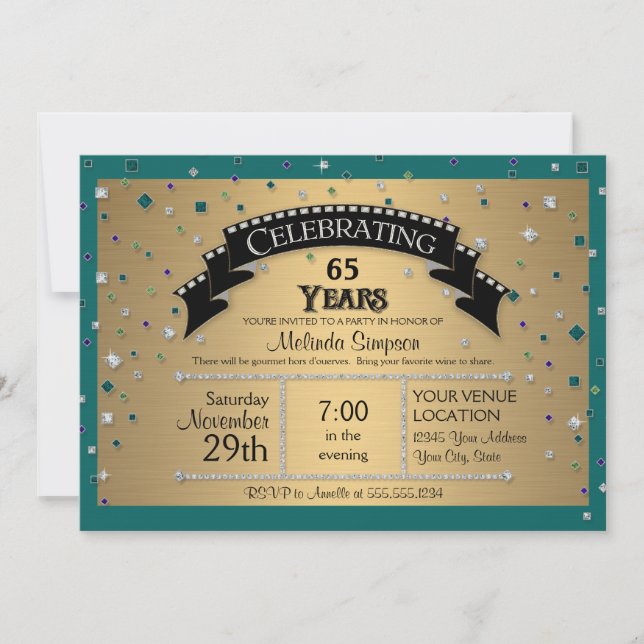 65th Birthday Party Celebrate Faux Jewel Confetti Invitation (Front)