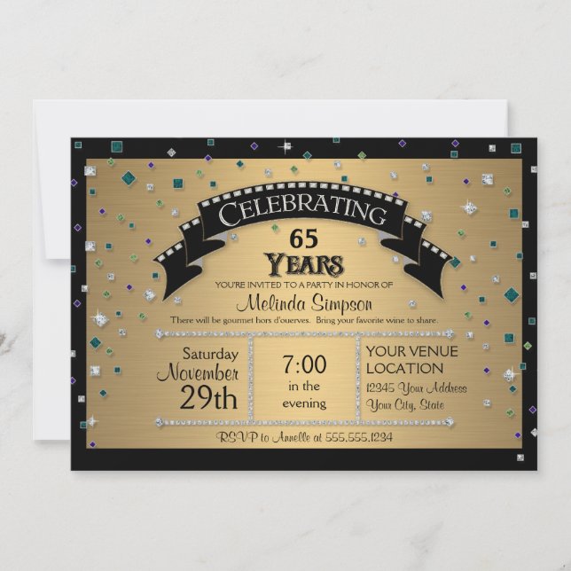 65th Birthday Party Celebrate Faux Jewel Confetti Invitation (Front)