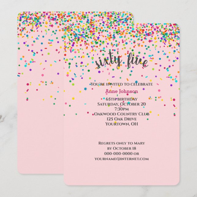 65th Birthday Party confetti Invitation (Front/Back)