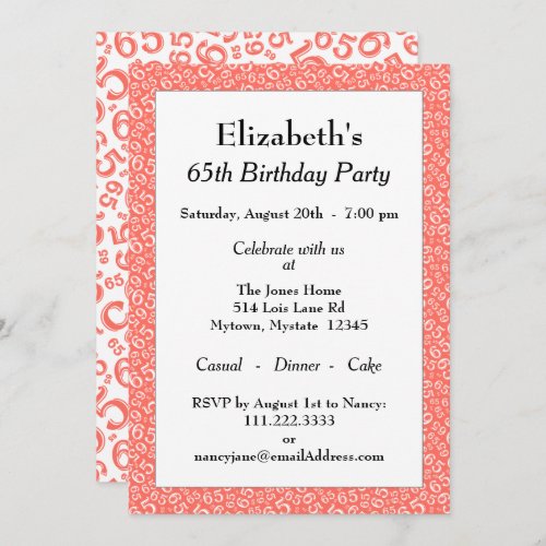 65th Birthday Party CoralWhite Number Pattern Invitation
