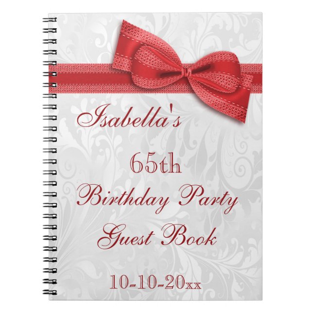 65th Birthday Party Damask and Bow Notebook (Front)