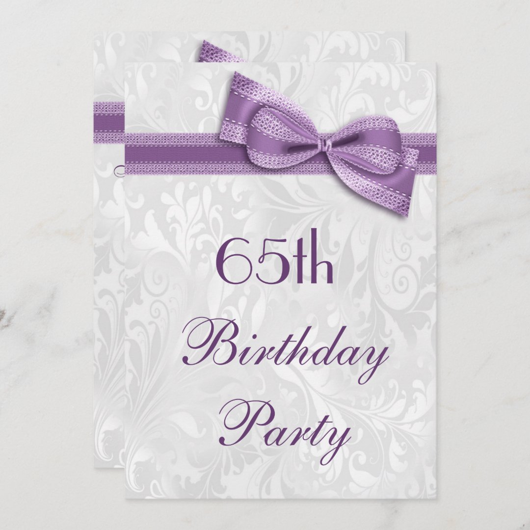 65th Birthday Party Damask and Purple Faux Bow Invitation | Zazzle