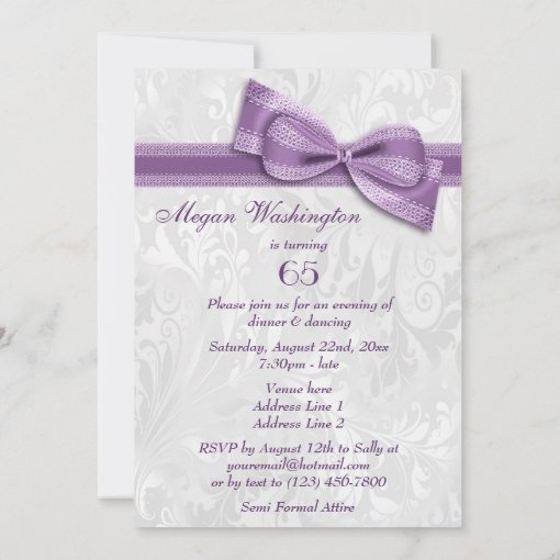 65th Birthday Party Damask and Purple Faux Bow Invitation | Zazzle