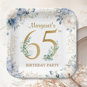 65th Birthday Party Dusty Blue Peony Gold Paper Plates