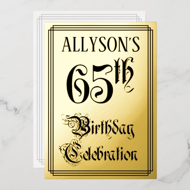 65th Birthday Party — Elegant Script + Custom Name Foil Invitation (Front/Back)