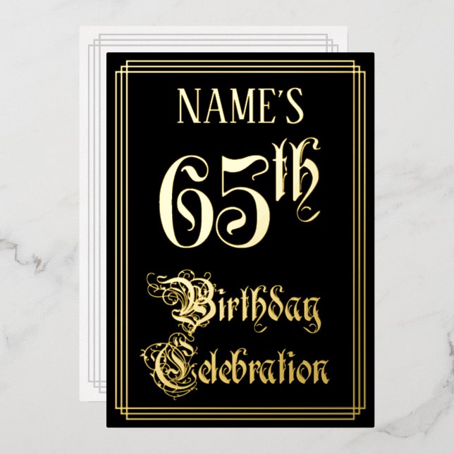 65th Birthday Party — Fancy Script & Custom Name Foil Invitation (Front/Back)