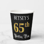 [ Thumbnail: 65th Birthday Party — Fancy Script, Faux Gold Look Paper Cups ]