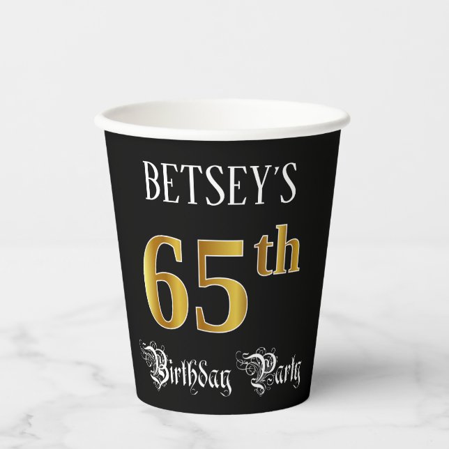 65th Birthday Party — Fancy Script, Faux Gold Look Paper Cups (Front)