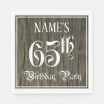[ Thumbnail: 65th Birthday Party — Fancy Script, Faux Wood Look Napkins ]