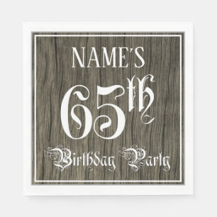65th Birthday Party — Fancy Script, Faux Wood Look Napkins