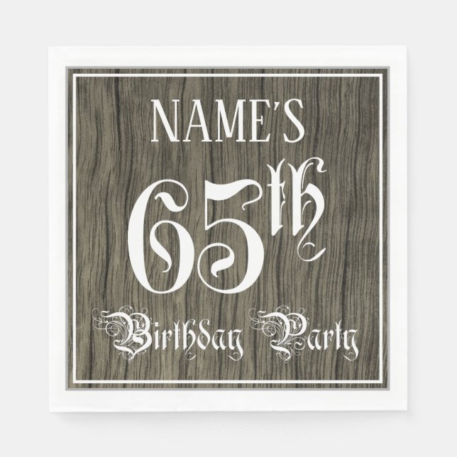 65th Birthday Party — Fancy Script, Faux Wood Look Napkins (Front)