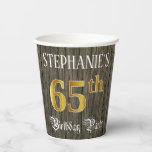 [ Thumbnail: 65th Birthday Party — Faux Gold & Faux Wood Looks Paper Cups ]