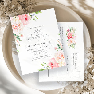 65th Birthday Party Feminine Pink Floral Invitat Invitation Postcard