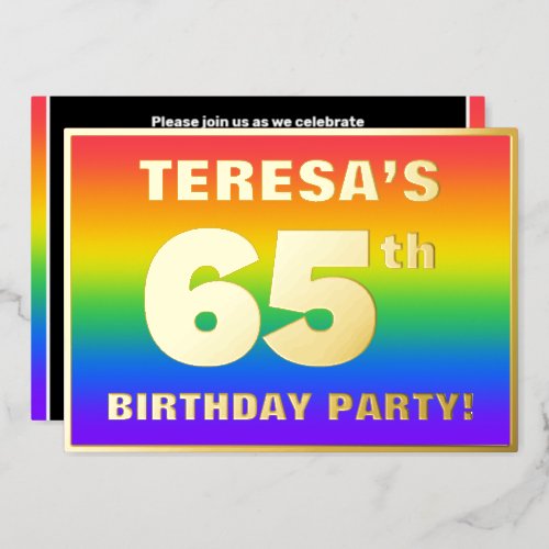 65th Birthday Party Fun Colorful Rainbow Pattern Foil Invitation