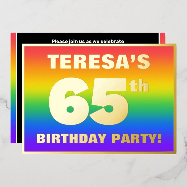 65th Birthday Party: Fun, Colorful Rainbow Pattern Foil Invitation (Front/Back)