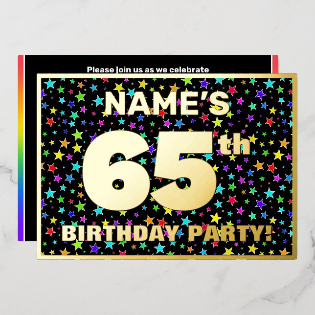 65th Birthday Party — Fun, Colorful Stars Pattern Foil Invitation (Front/Back)