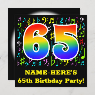 65th Birthday Party: Fun Music Symbols, Rainbow 65 Invitation