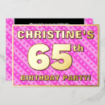 [ Thumbnail: 65th Birthday Party — Fun Pink Hearts and Stripes Invitation ]