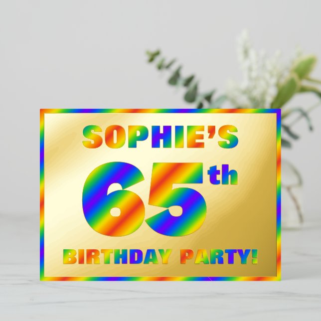 65th Birthday Party — Fun, Rainbow Spectrum “65” Foil Invitation (Standing Front)