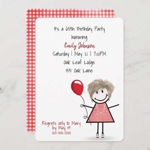 65th Birthday Party Girl with Red Balloon   Invitation