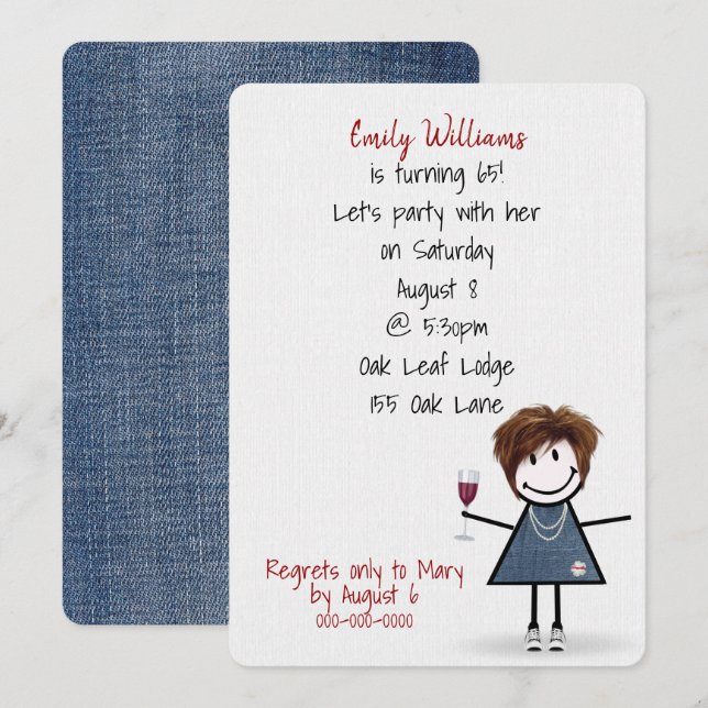 65th Birthday Party Girl with Wine Invitation (Front/Back)