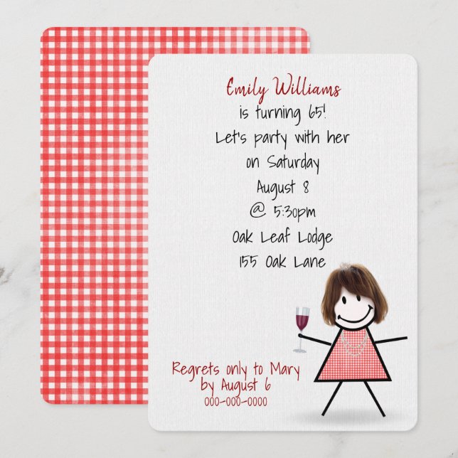 65th Birthday Party Girl with Wine Invitation (Front/Back)
