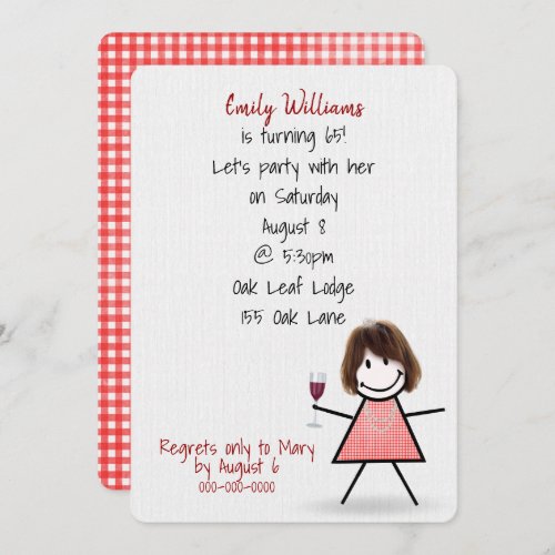65th Birthday Party Girl with Wine Invitation