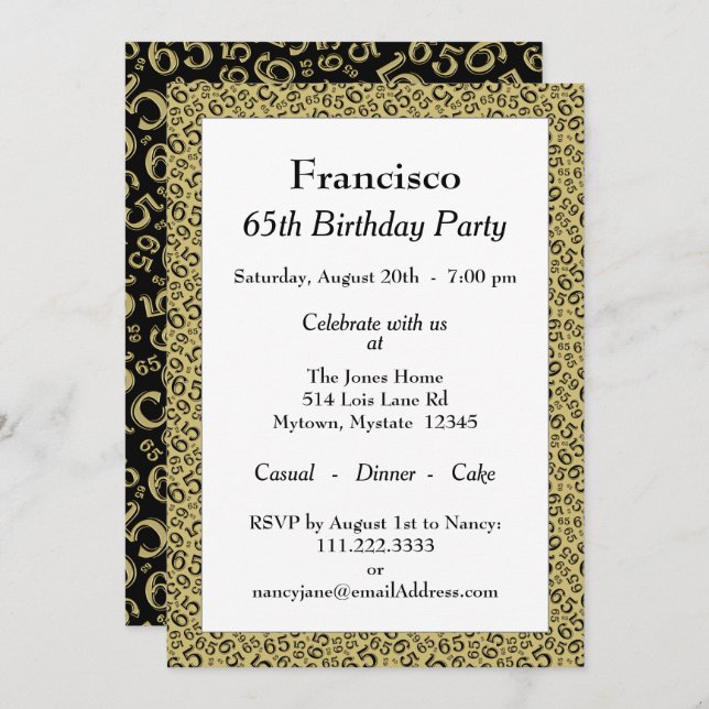 65th Birthday Party, Gold/Black Number Pattern Invitation (Front/Back)