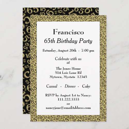 65th Birthday Party GoldBlack Number Pattern Invitation