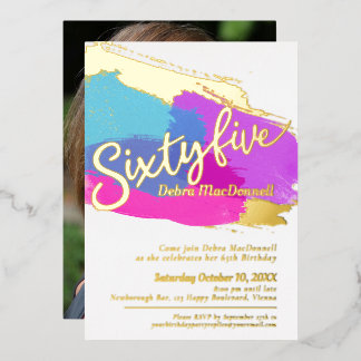 65th Birthday party gold photo bright abstract art Foil Invitation