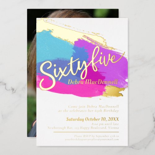 65th Birthday party gold photo bright abstract art Foil Invitation