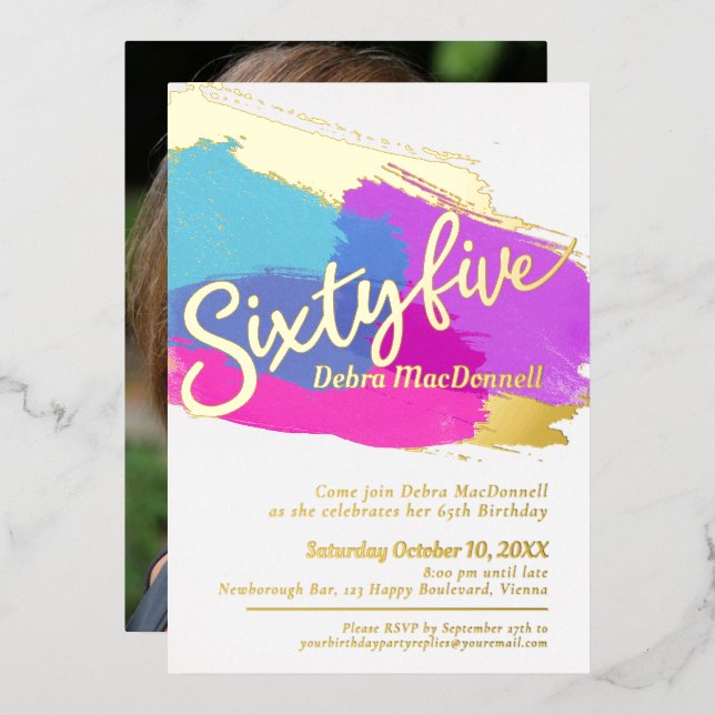 65th Birthday party gold photo bright abstract art Foil Invitation (Front/Back)