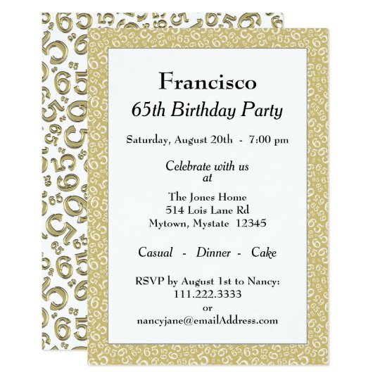 65th Birthday Party, Gold/White Number Pattern Invitation | Zazzle.com