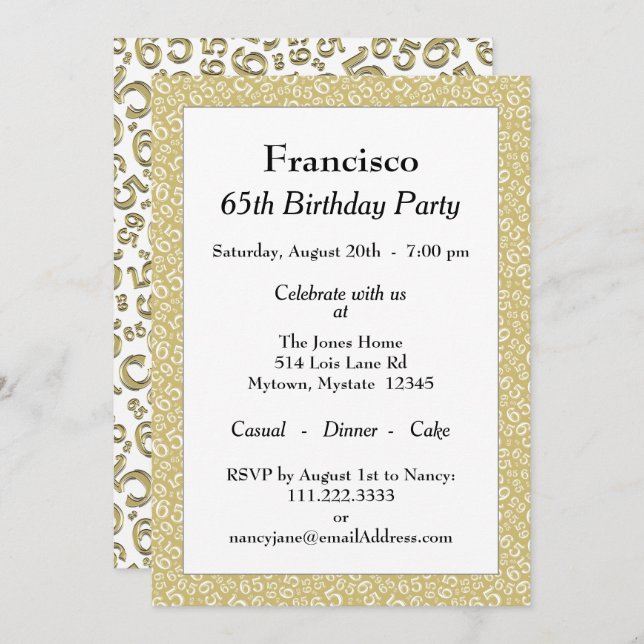 65th Birthday Party, Gold/White Number Pattern Invitation (Front/Back)