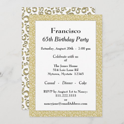 65th Birthday Party GoldWhite Number Pattern Invitation