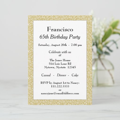 65th Birthday Party, Gold/White Number Pattern Invitation | Zazzle