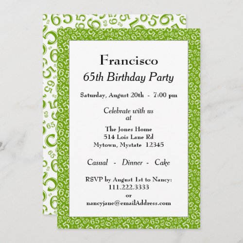65th Birthday Party GreenWhite Number Pattern Invitation