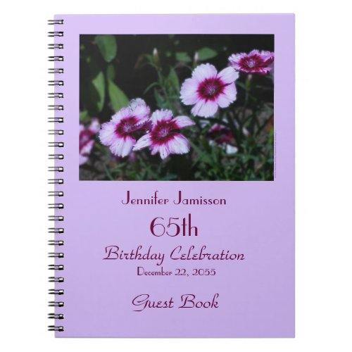 65th Birthday Party Guest Book Purple Flowers Notebook