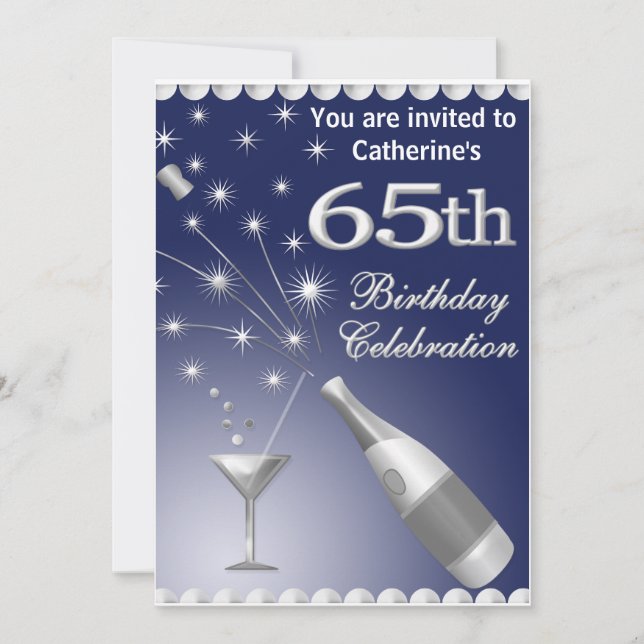 65th Birthday Party Invitation - Blue & Silver (Front)
