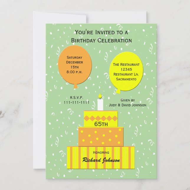 65th Birthday Party Invitation Fun 65th Cake (Front)