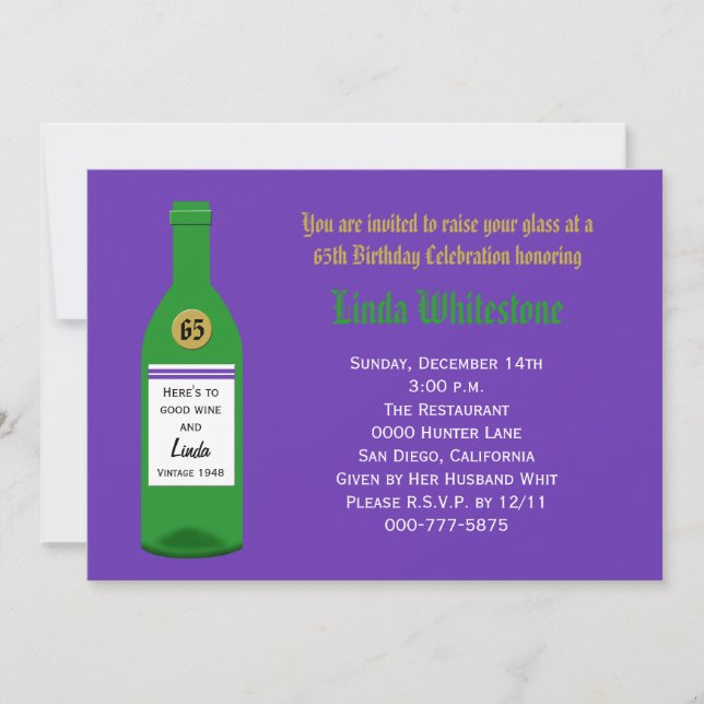 65th Birthday Party Invitation Purple (Front)