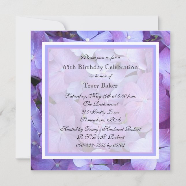 65th Birthday Party Invitation Purple Hydrangeas (Front)