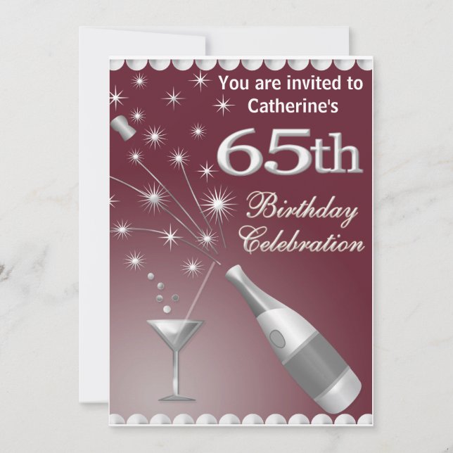 65th Birthday Party Invitation - Red & Silver (Front)