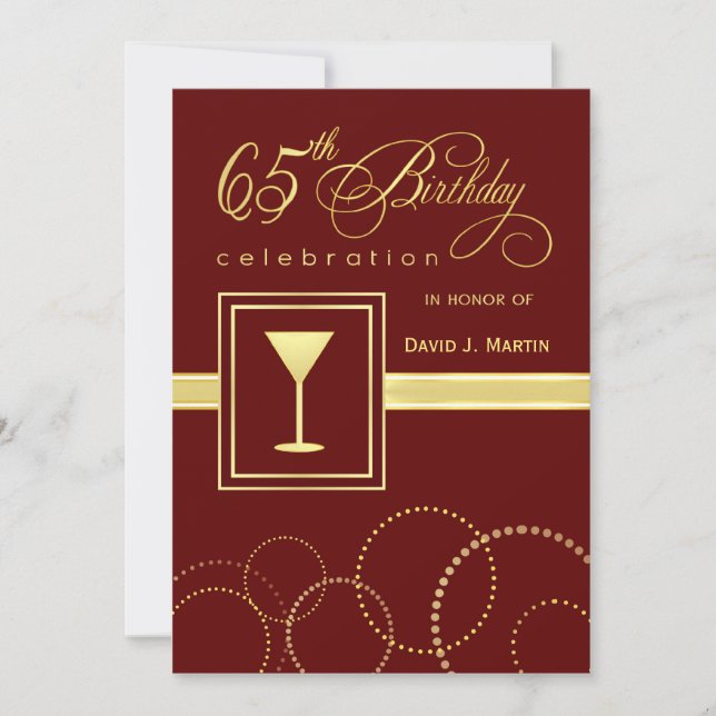 65th Birthday Party Invitations - Burgundy & Gold (Front)