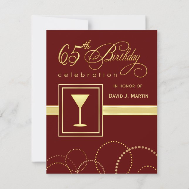 65th Birthday Party Invitations - Burgundy & Gold (Front)