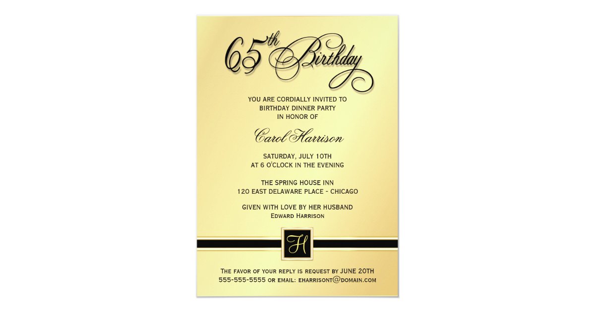 65th Birthday Party Invitations - Gold Monogram | Zazzle