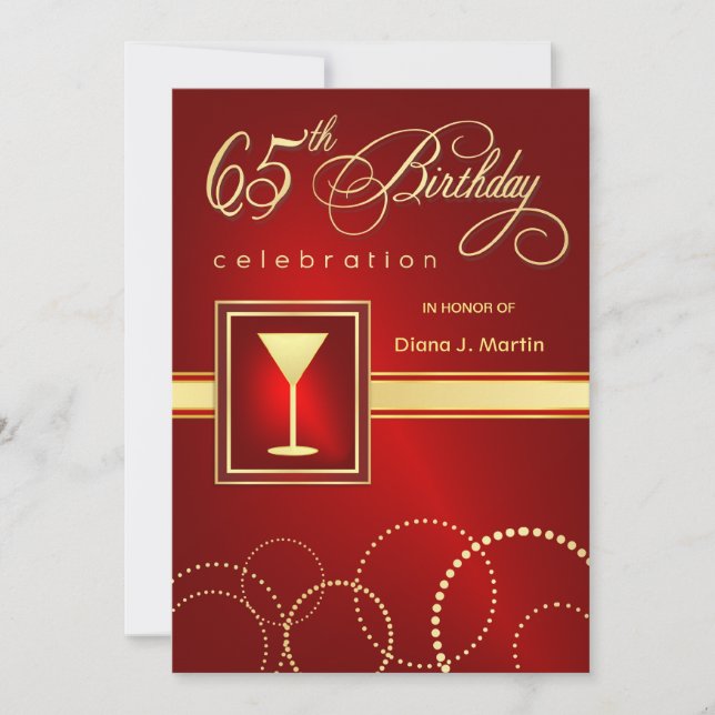 65th Birthday Party Invitations - Ruby Red & Gold (Front)