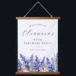 65th Birthday Party July Birth Flower Welcome Hanging Tapestry<br><div class="desc">Elegant summer watercolor blue larkspur flowers create a beautiful floral border at the bottom of this birthday party welcome sign,  larkspur or delphinium flowers are the July birth flower. A trendy font combination gives it a modern aesthetic. All of the text is editable.</div>